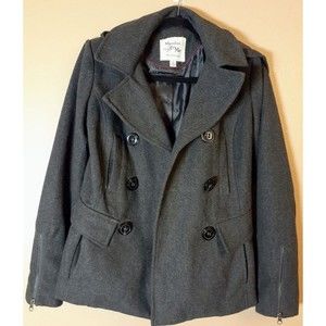 Women's Grey Hooded Double Breasted Peacoat, Small